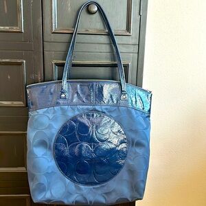 Coach Navy Blue Laura Signature Nylon/Patent Leather Tote